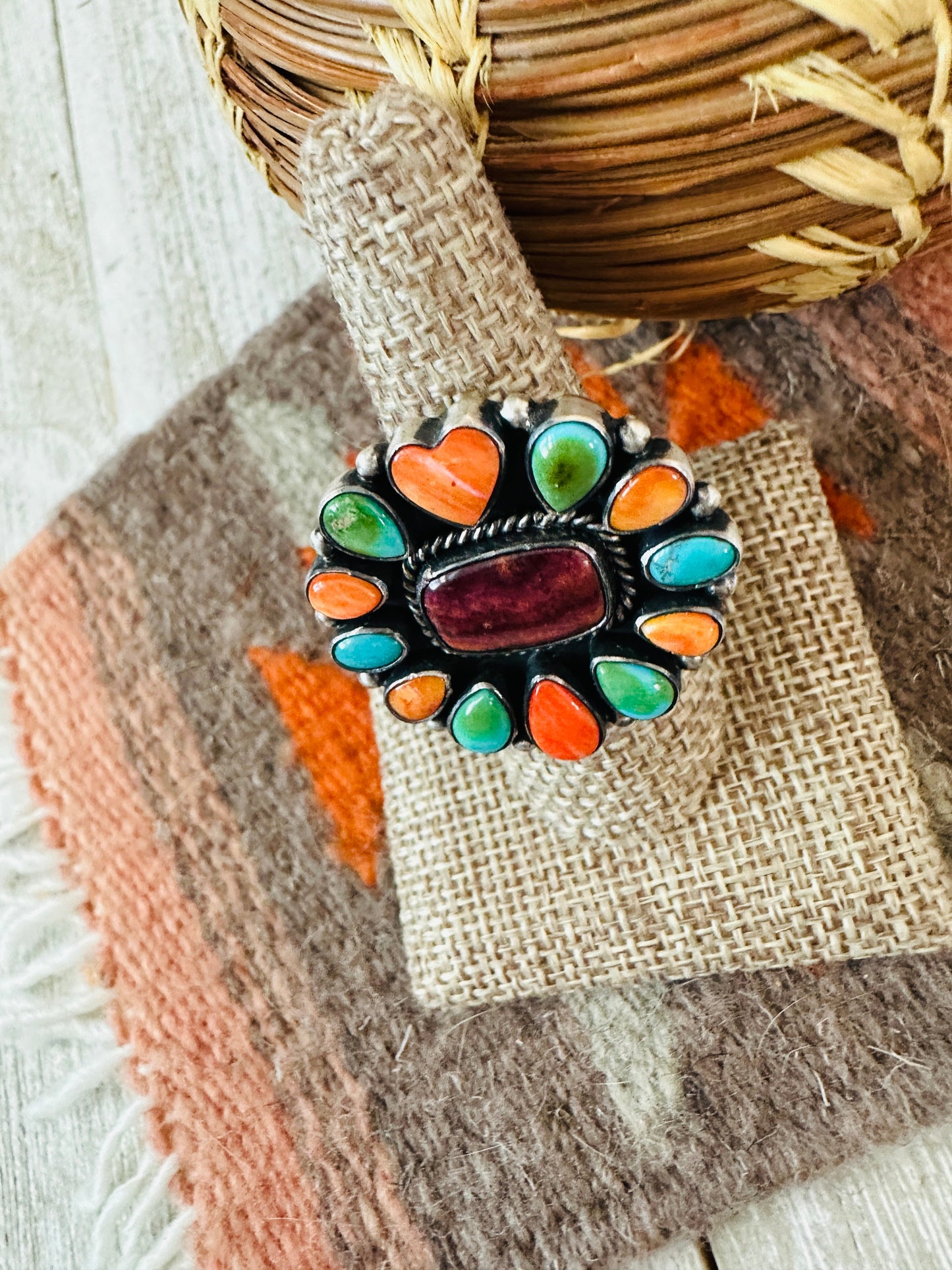 Handcrafted Electric Rainbow Sterling Silver, Turquoise & Spiny Ring by Bernyse Chavez and Angela Martin, Size 9