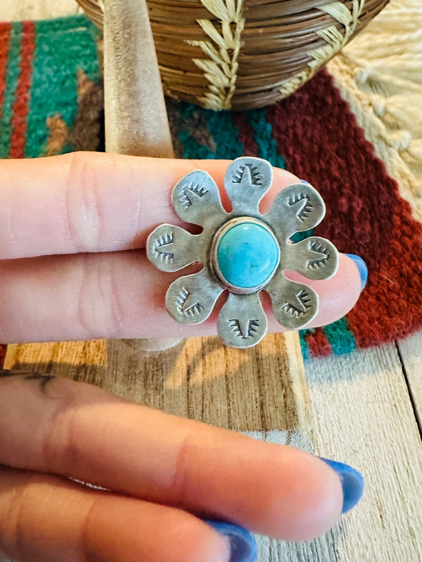 Navajo Sterling Silver & Turquoise Adjustable Flower Ring