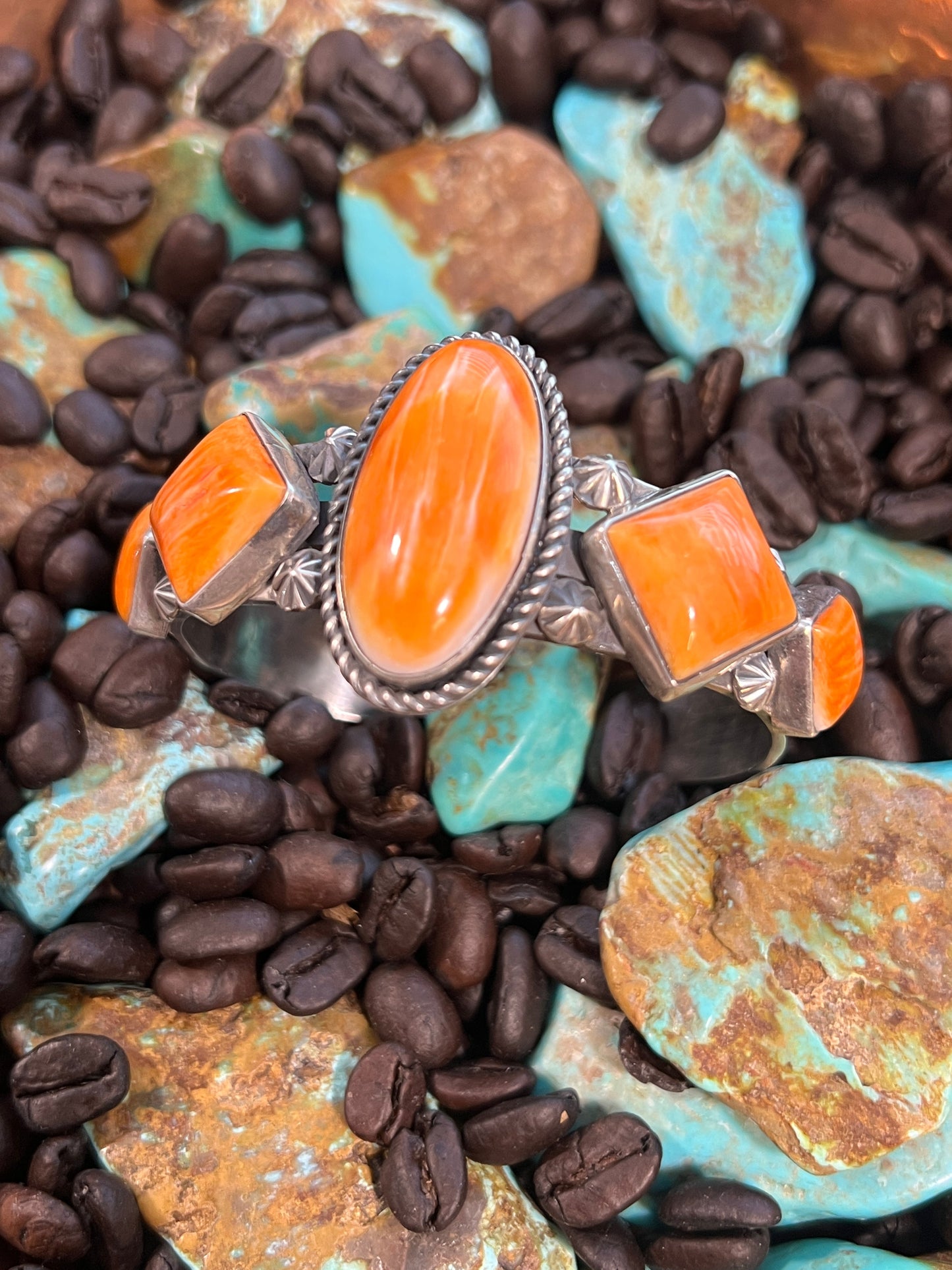 Handcrafted Sterling Silver and Orange Spiny Oyster Shell Geometric Row Cuff by Rosella Paxson
