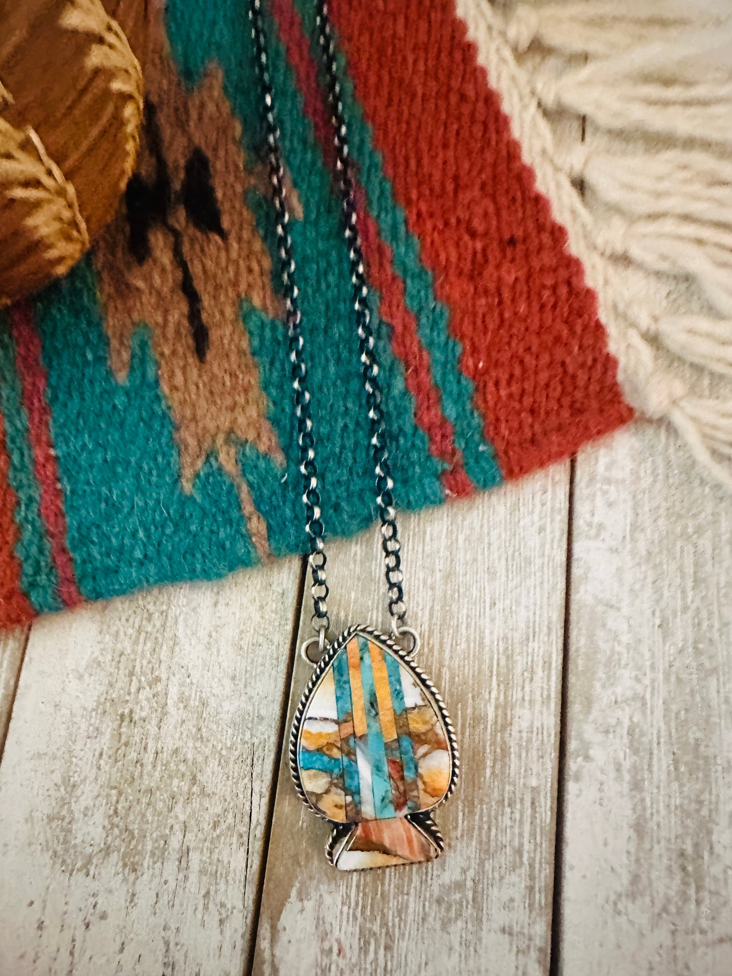 Handcrafted Sterling Silver & Multi Stone Inlay Spade Necklace