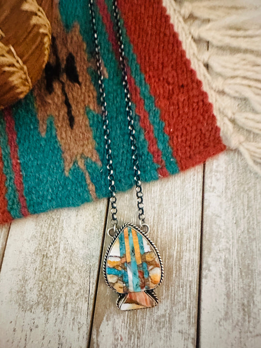 Handcrafted Sterling Silver & Multi Stone Inlay Spade Necklace