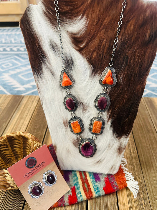 Handcrafted Orange Spiny Oyster & Sterling Silver Necklace and Earring Set