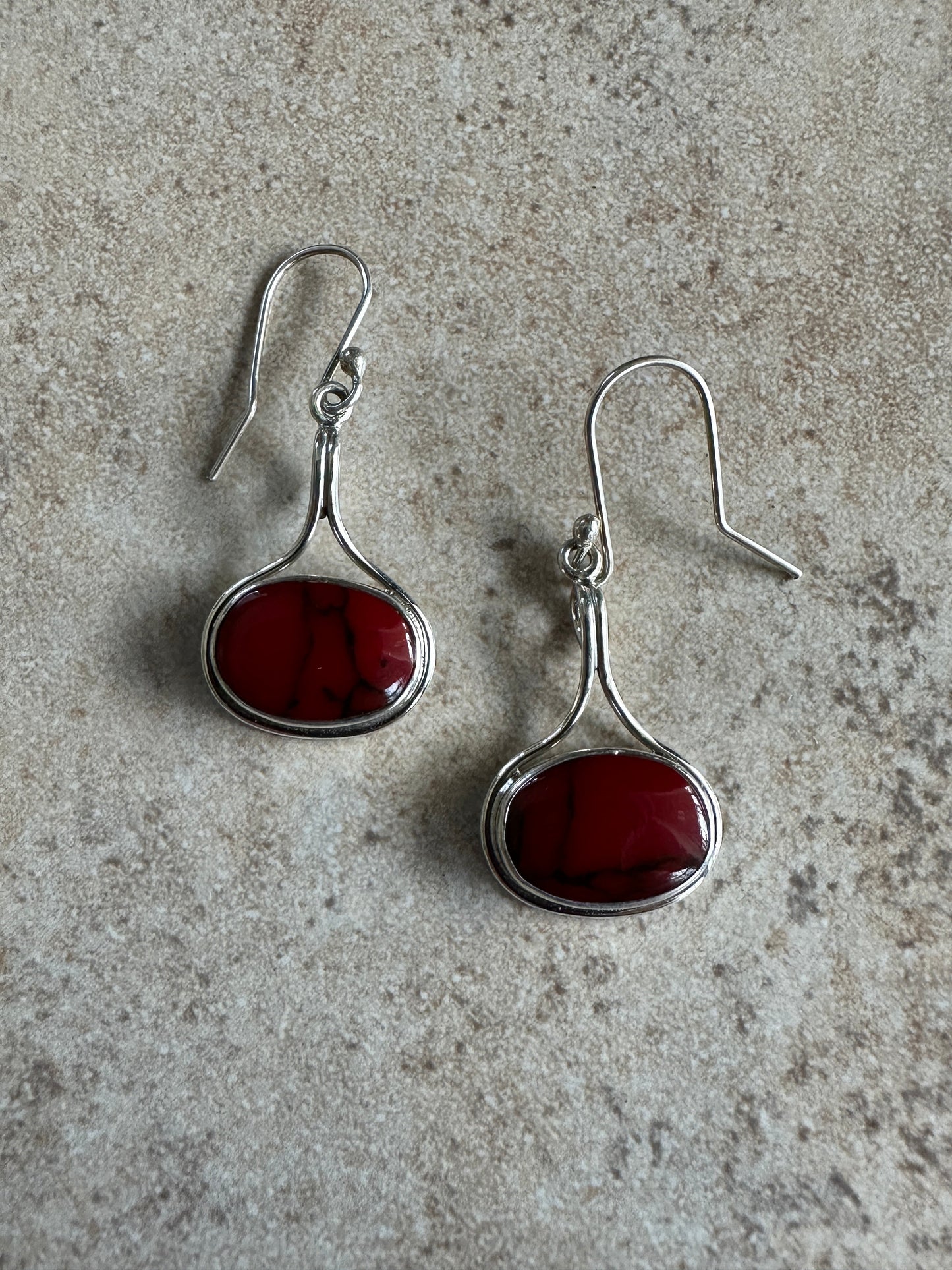 Red Jasper Oval Sterling Silver Earrings in Wire Frame