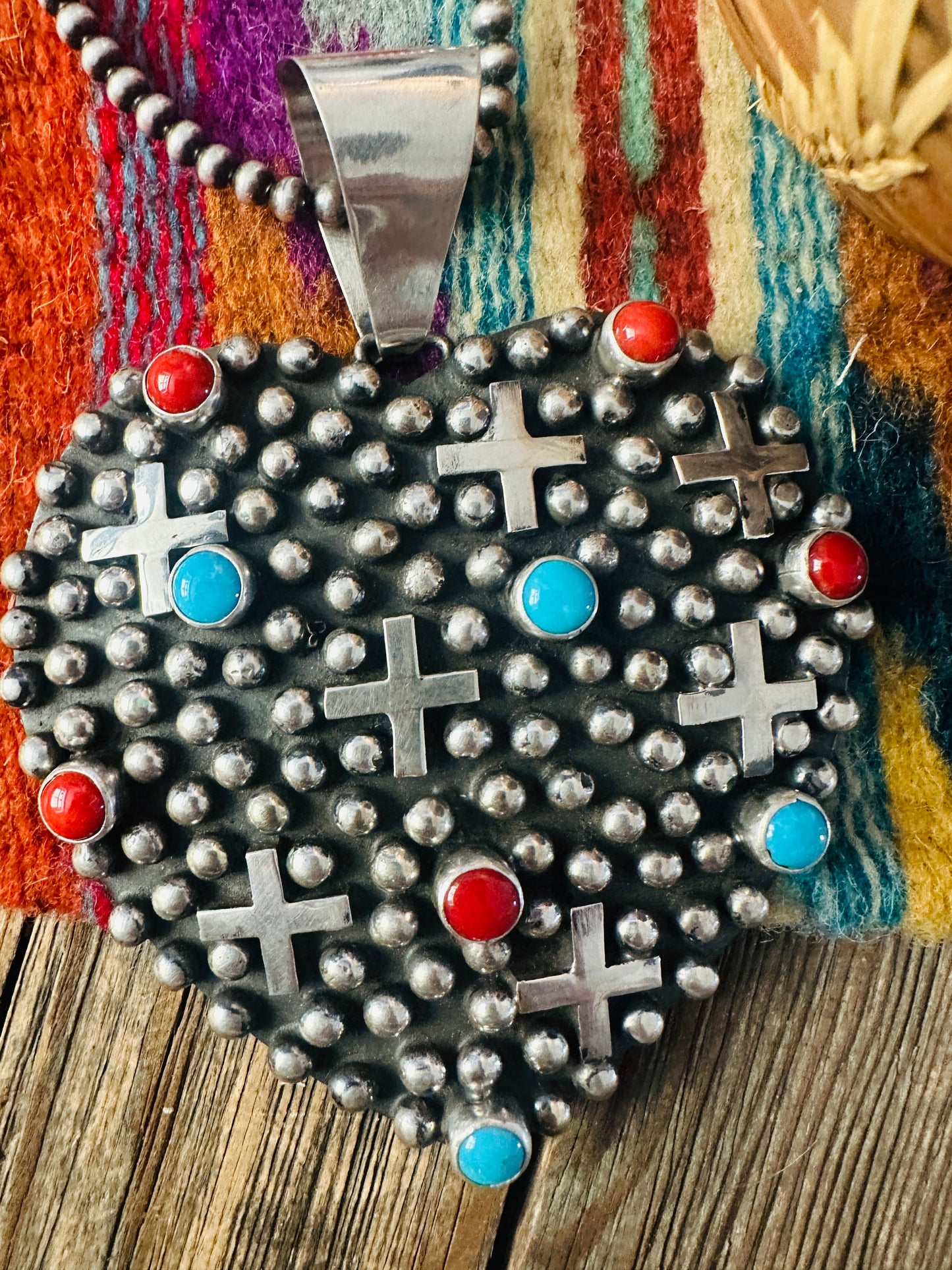 Handcrafted Sterling Silver, Turquoise & Coral Heart Cross Pendant by Geneva Apachito