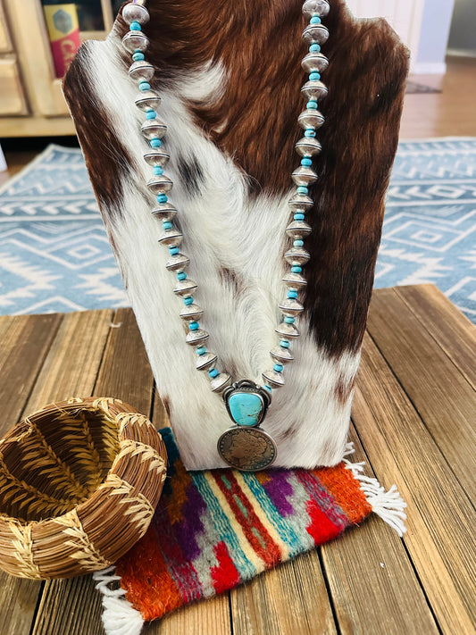 Handcrafted Turquoise & Sterling Silver Liberty Coin Beaded Necklace by James McCabe