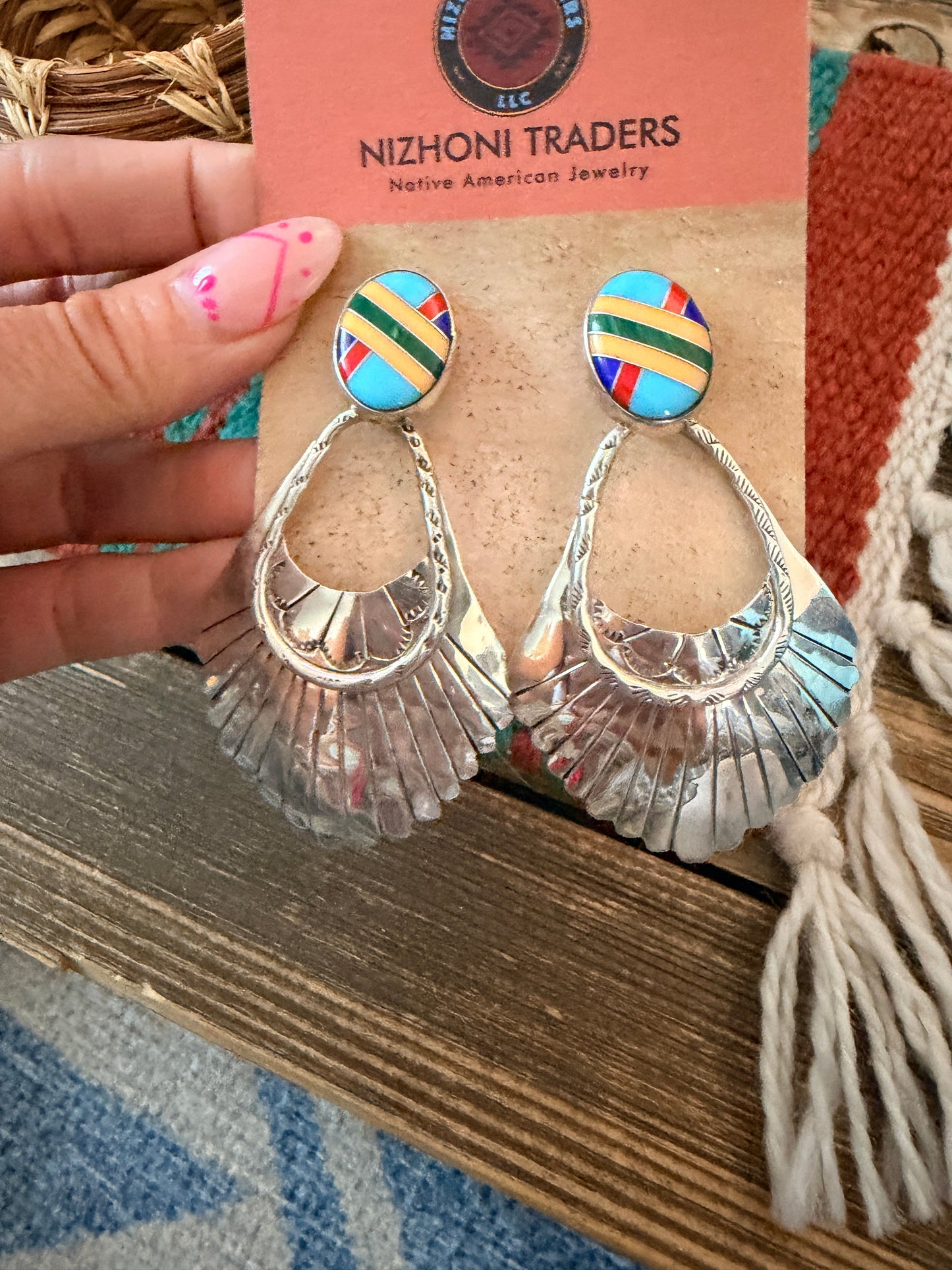 Handcrafted Multi Stone & Sterling Silver Concho Dangle Earrings