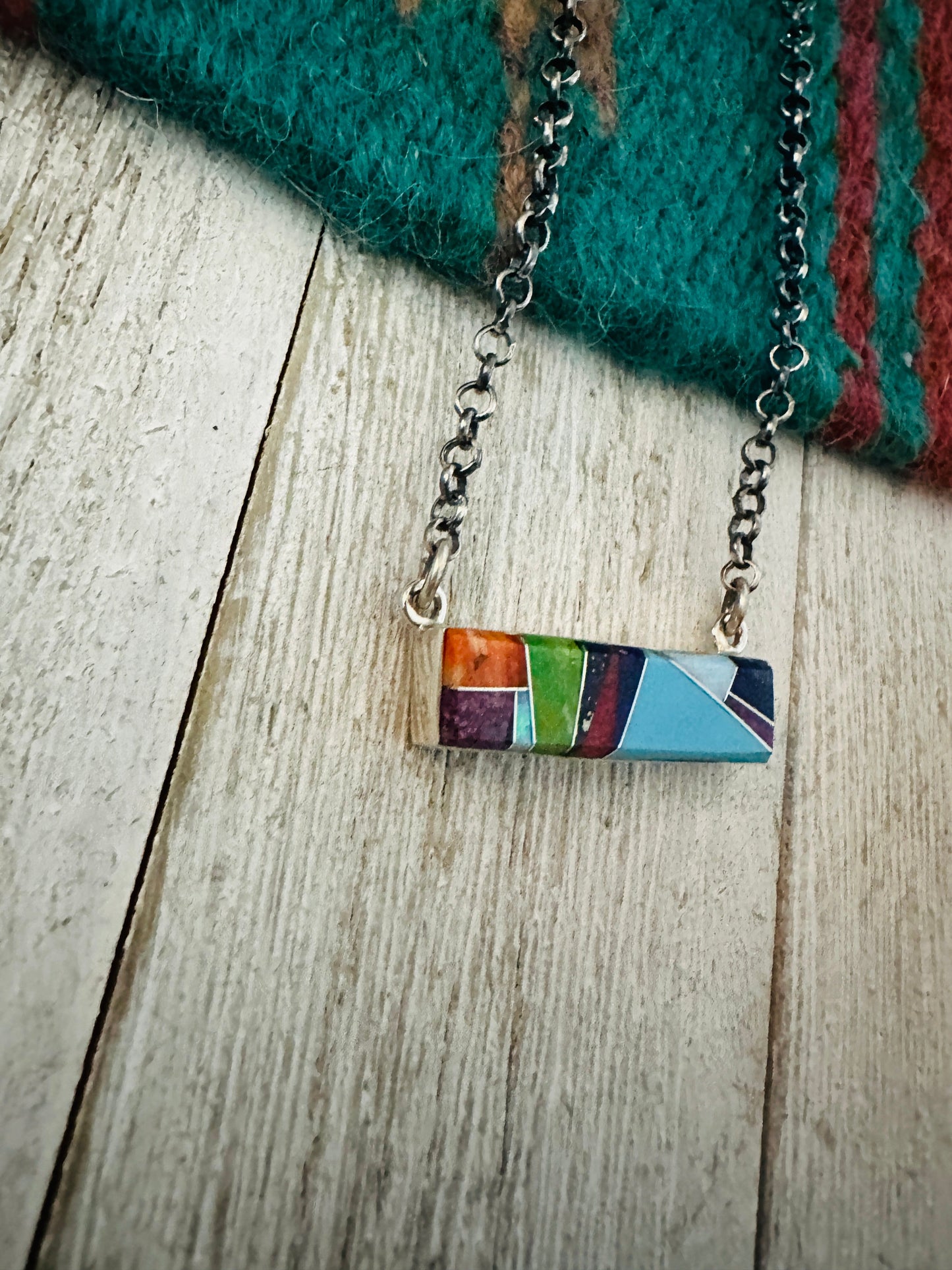Handcrafted Multi Stone & Sterling Silver Inlay Bar Necklace