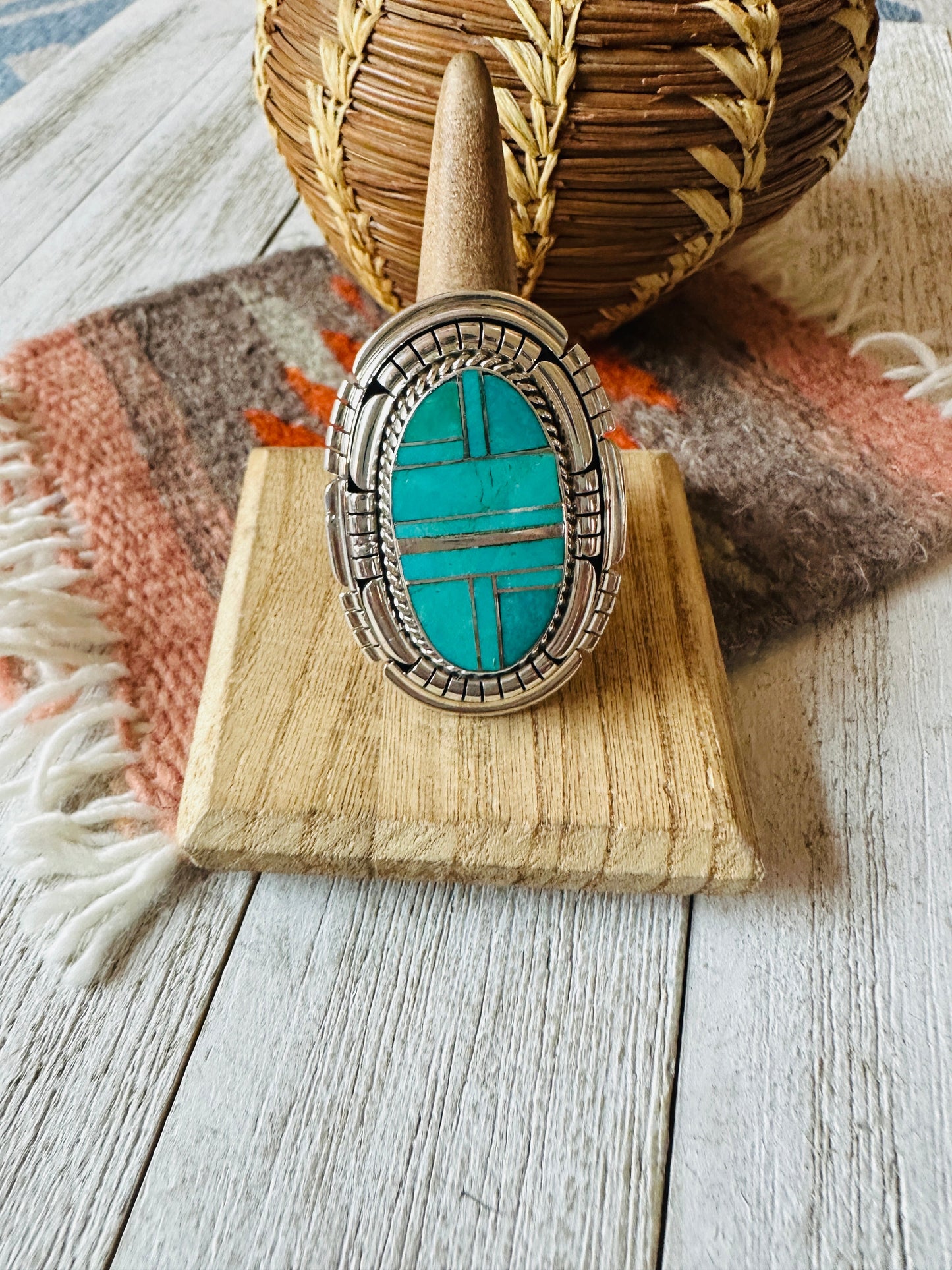 Handcrafted Sterling Silver & Turquoise Inlay Adjustable Ring