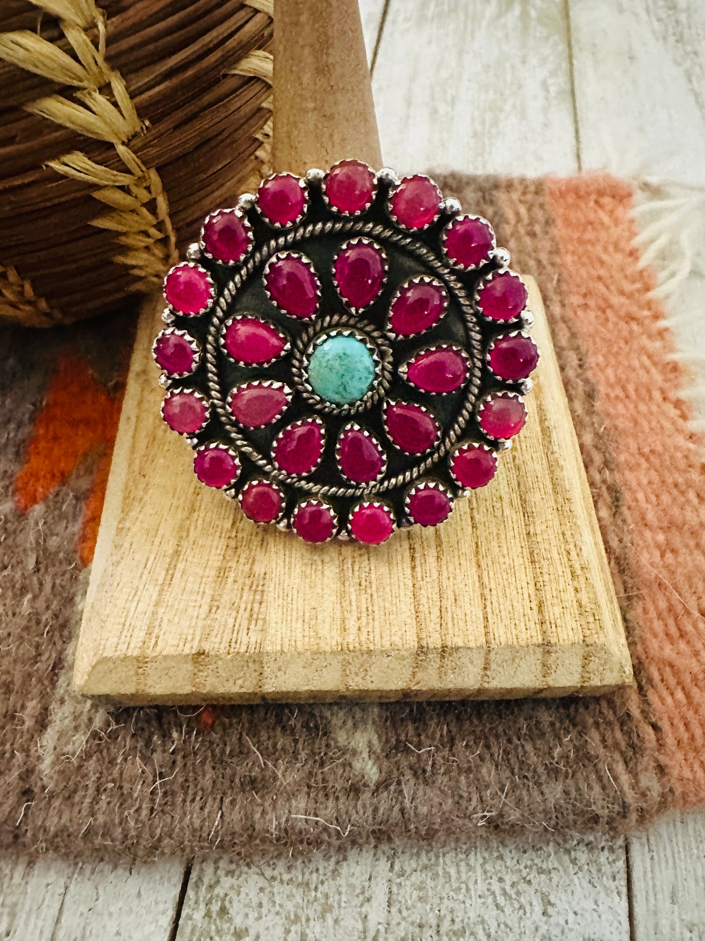 Handmade Sterling Silver, Pink Onyx & Turquoise Cluster Adjustable Ring by Nizhoni