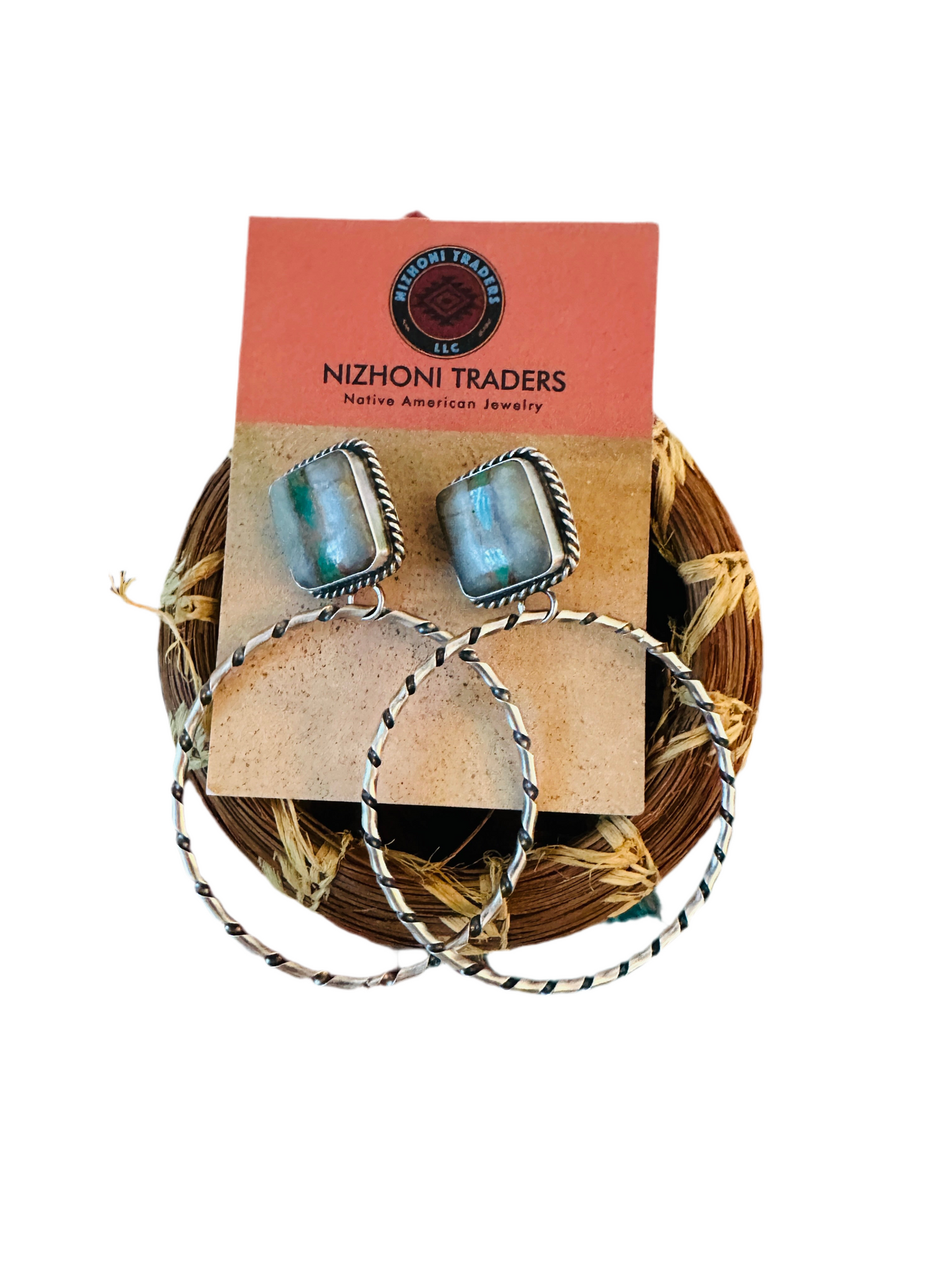 Handcrafted Ribbon Turquoise and Sterling Silver Dangle Hoop Earrings