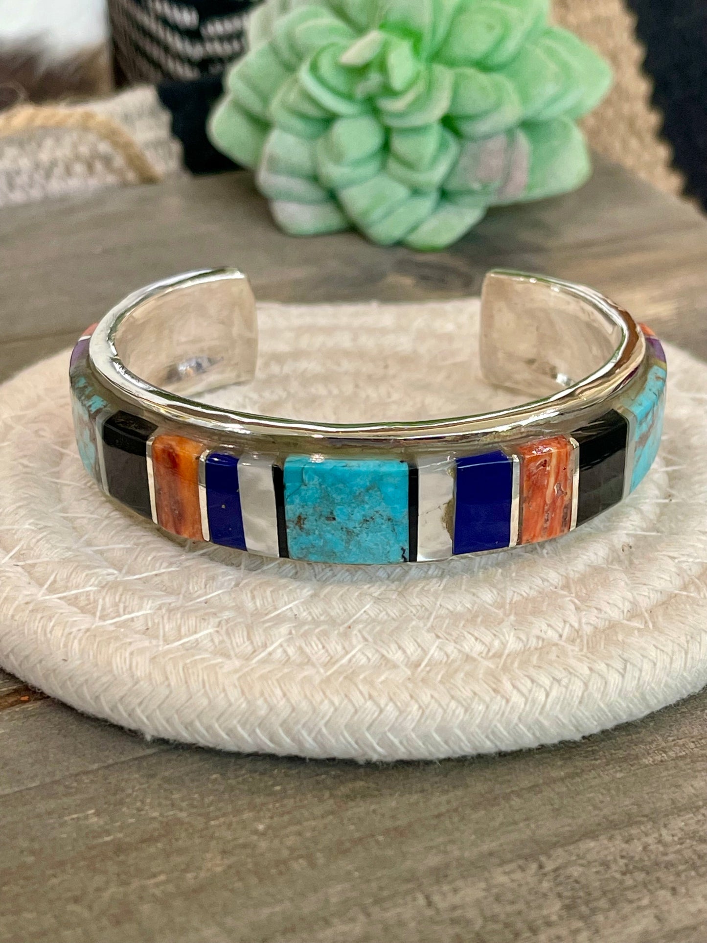 Handmade Sterling Silver Multi Stone Inlay Cuff