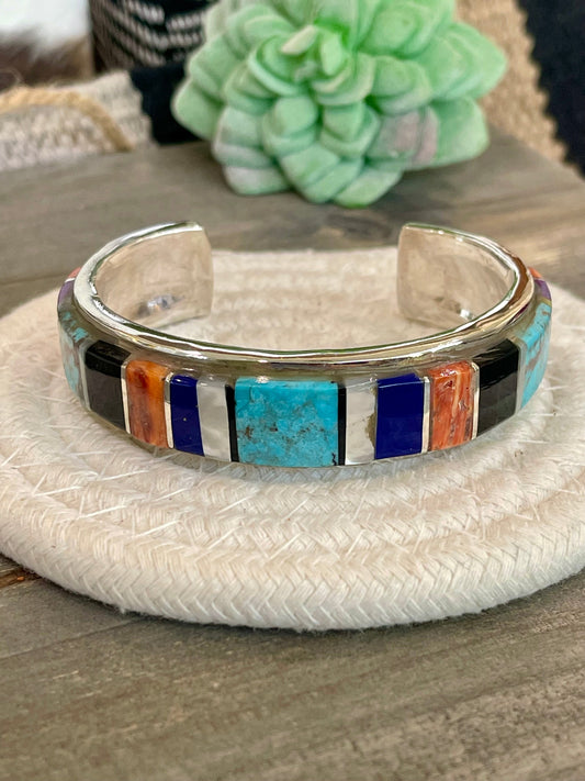 Handmade Sterling Silver Multi Stone Inlay Cuff