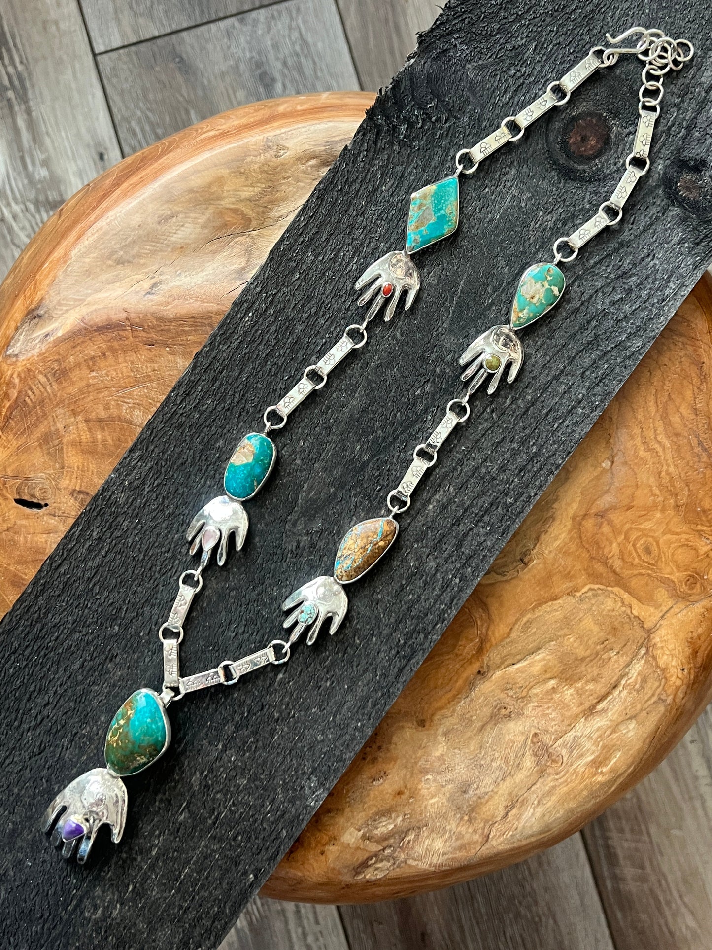 Jay Leon Coriz Handcrafted Sterling Silver and Royston Turquoise Healing Hand Station Necklace