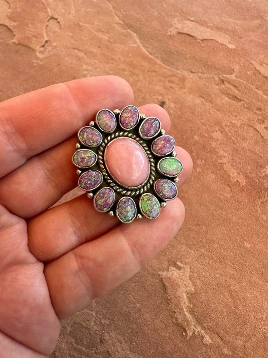Handmade Pink Conch, Light Purple Fire Opal & Sterling Silver Adjustable Ring- oval