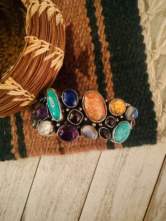 Handcrafted Old Pawn Vintage Multi Stone & Sterling Silver Cuff Bracelet