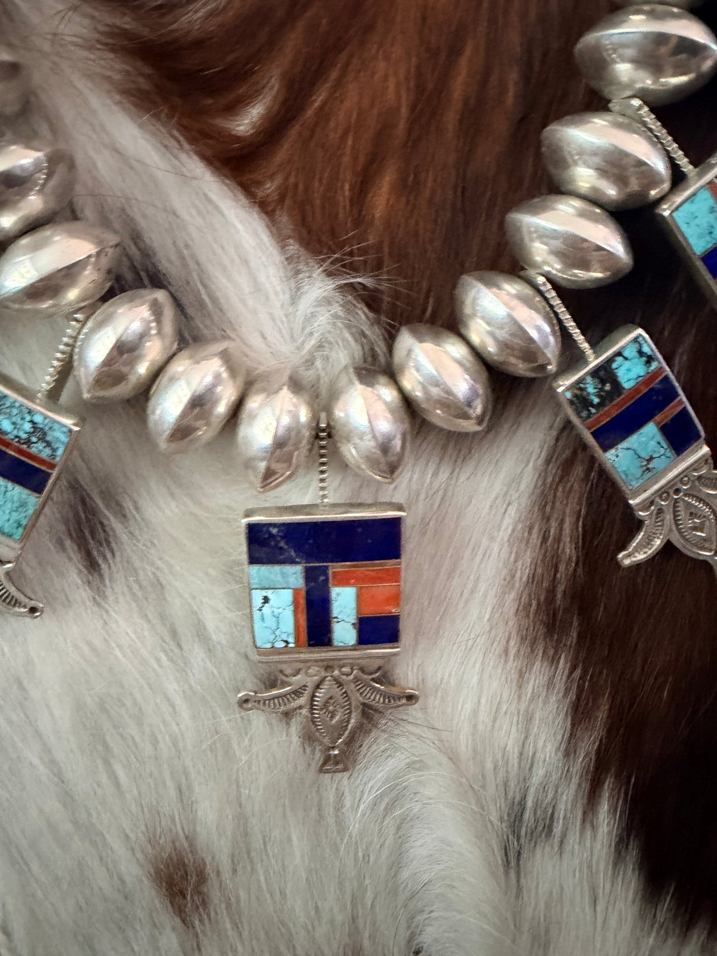 Handcrafted Sterling Silver & Multi Stone Inlay Beaded Necklace by Ray Tracey