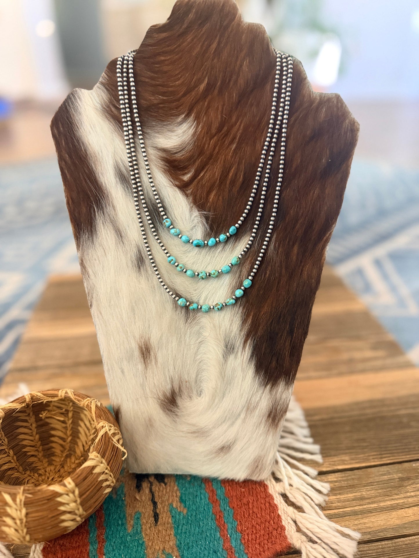 Handcrafted 7 Stone Turquoise & 3mm Sterling Silver Pearl Beaded Necklace