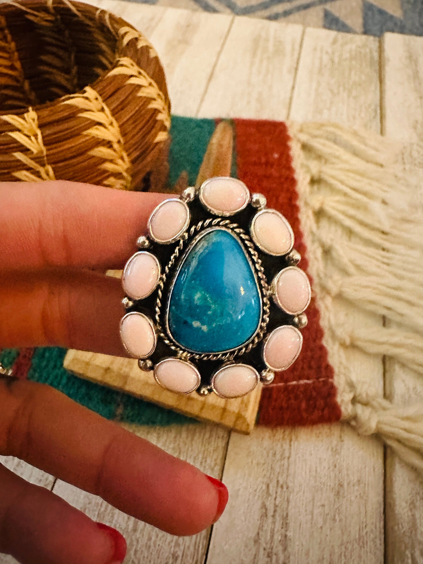 Handcrafted Sterling Silver, Queen Pink Conch & Turquoise Cluster Adjustable Ring