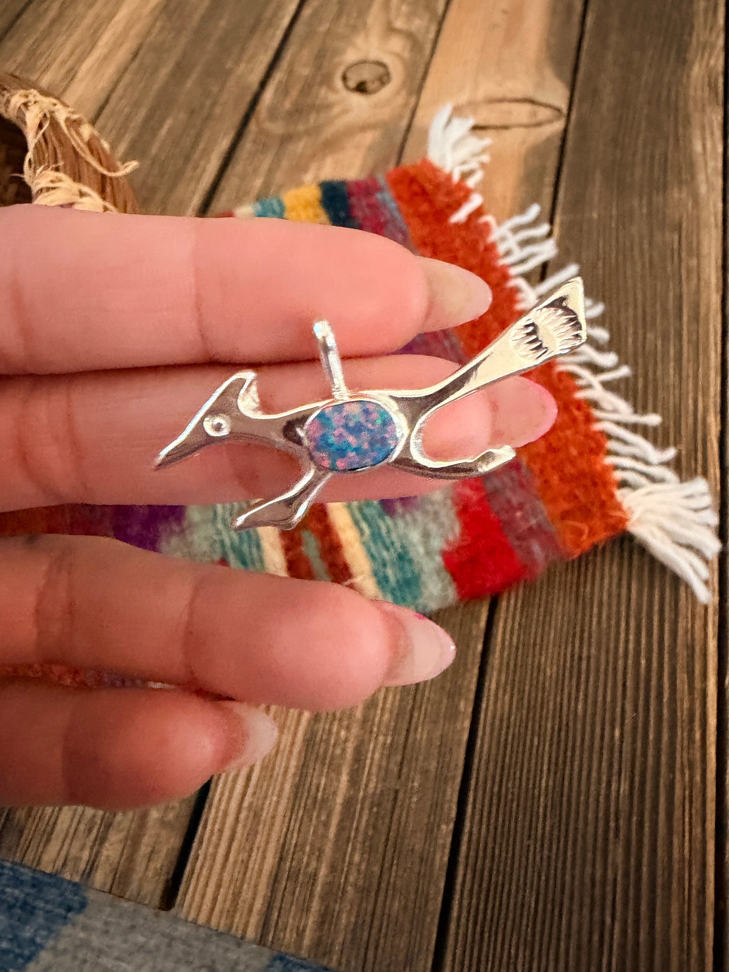 Handcrafted Sterling Silver & Opal Road Runner Pendant by Joseph Martinez