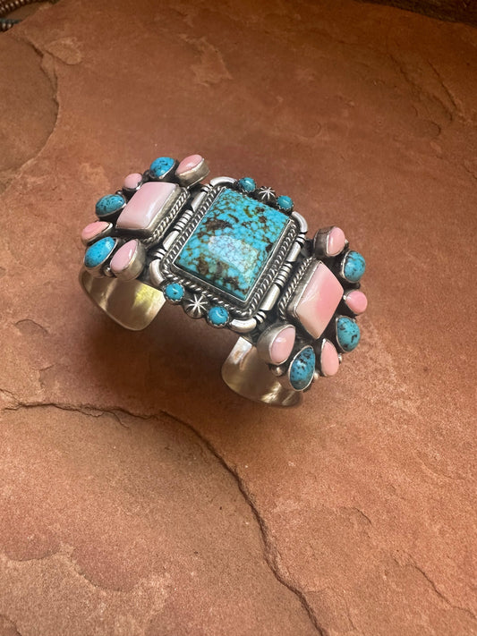 Handcrafted Sterling Silver, Pink Conch & Turquoise Bracelet Cuff Signed Leroy James