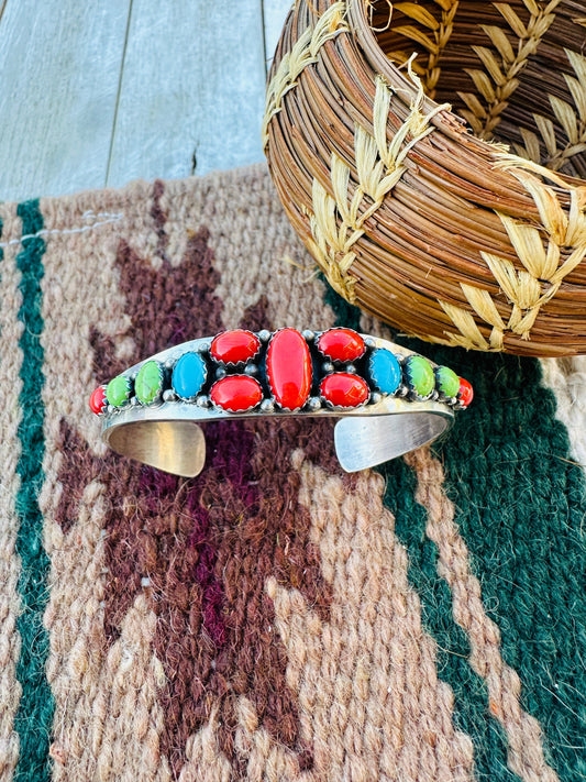 Handcrafted Old Pawn Sterling Silver & Multi Stone Cuff Bracelet by Daniel Mike