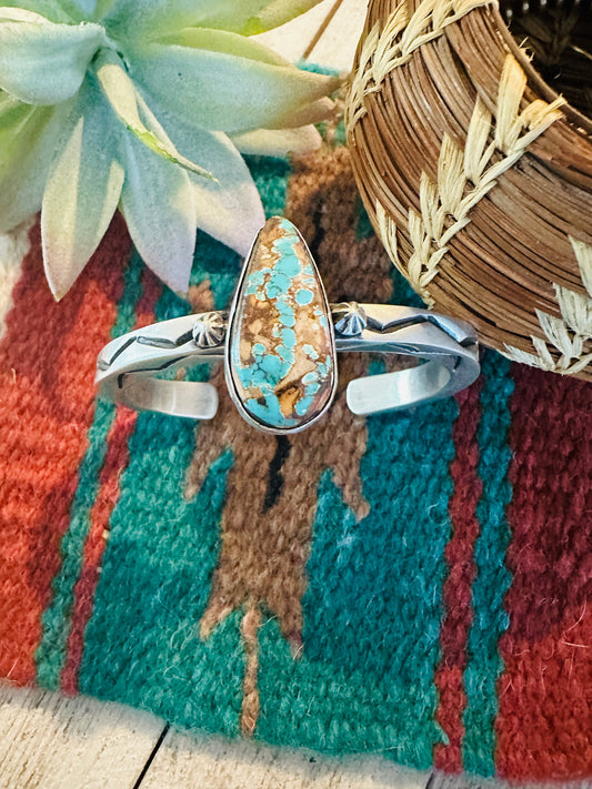 Handcrafted Sterling Silver & Number 8 Turquoise Cuff Bracelet Signed