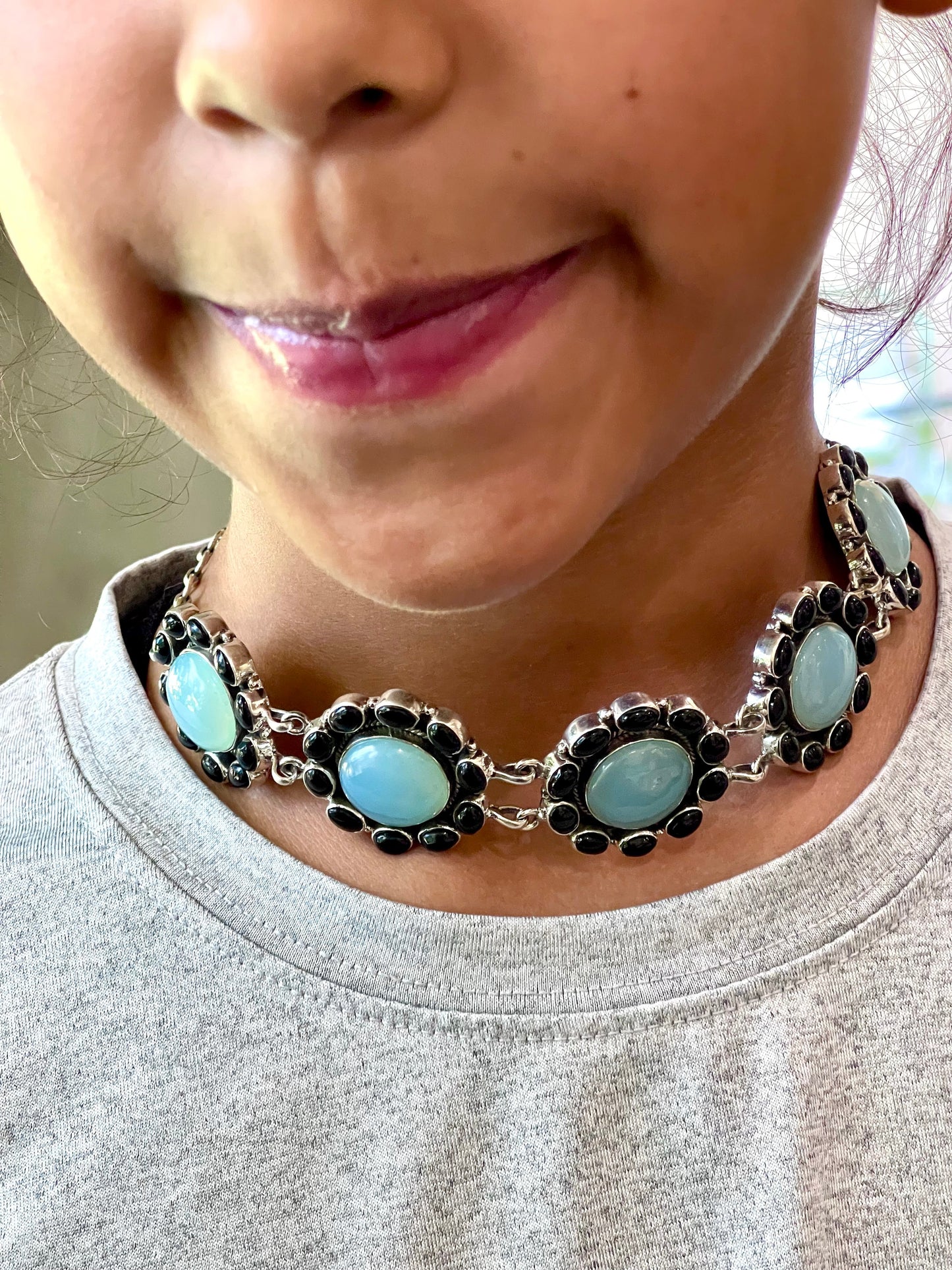 Handmade Sterling Silver, Onyx & Aqua Calcedony Necklace Signed Nizhoni