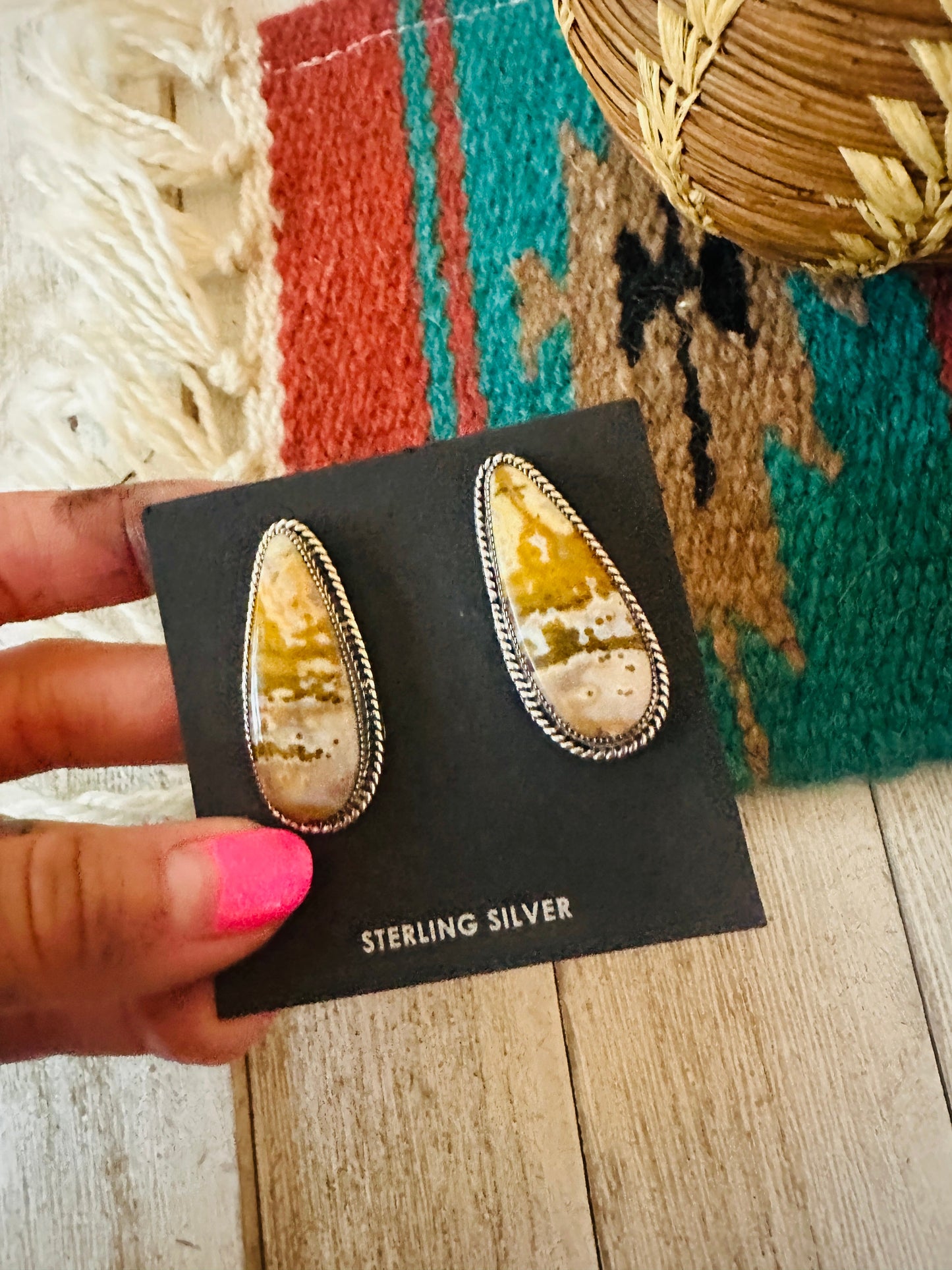 Handcrafted Jasper Sterling Silver Post Earrings Signed