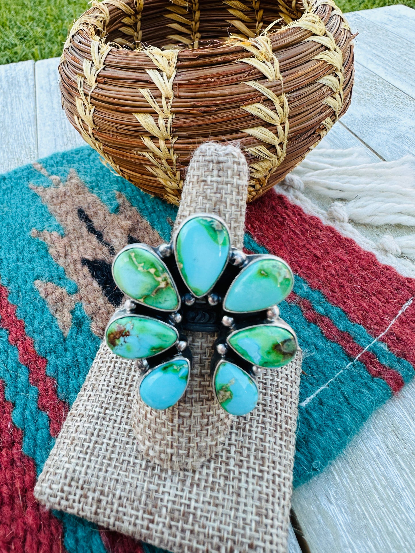 Hand Crafted Sonoran Mountain Turquoise & Sterling Silver Adjustable Naja Ring by Russell Sam
