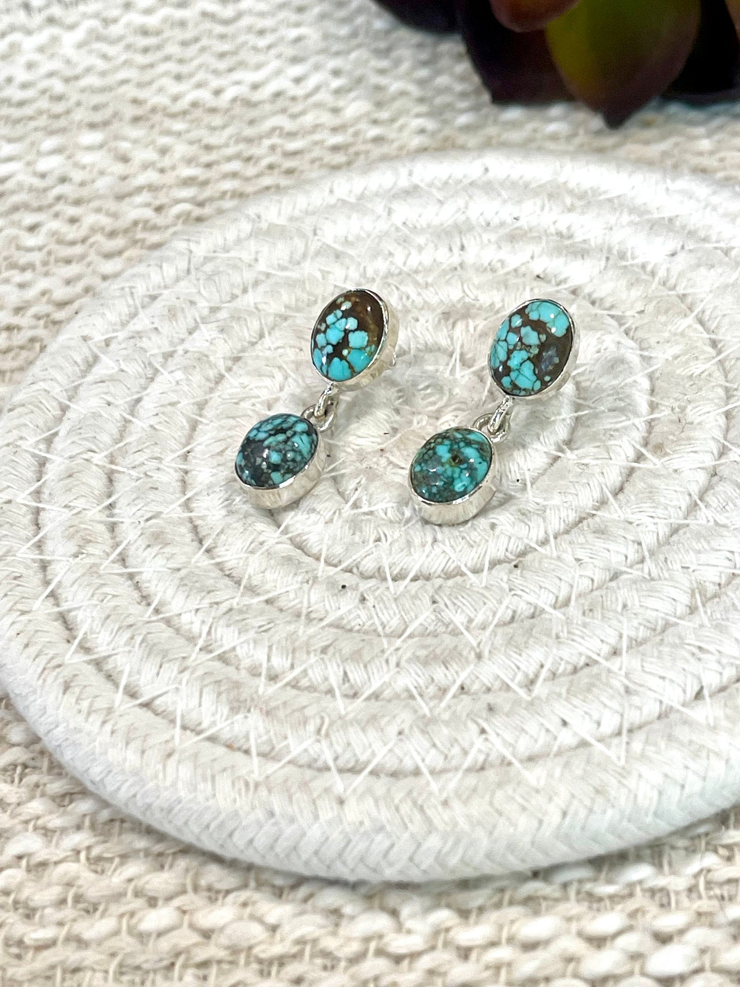 Handmade Sterling Silver Number 8 Turquoise Post Dangle Earrings with Signed Nizhoni