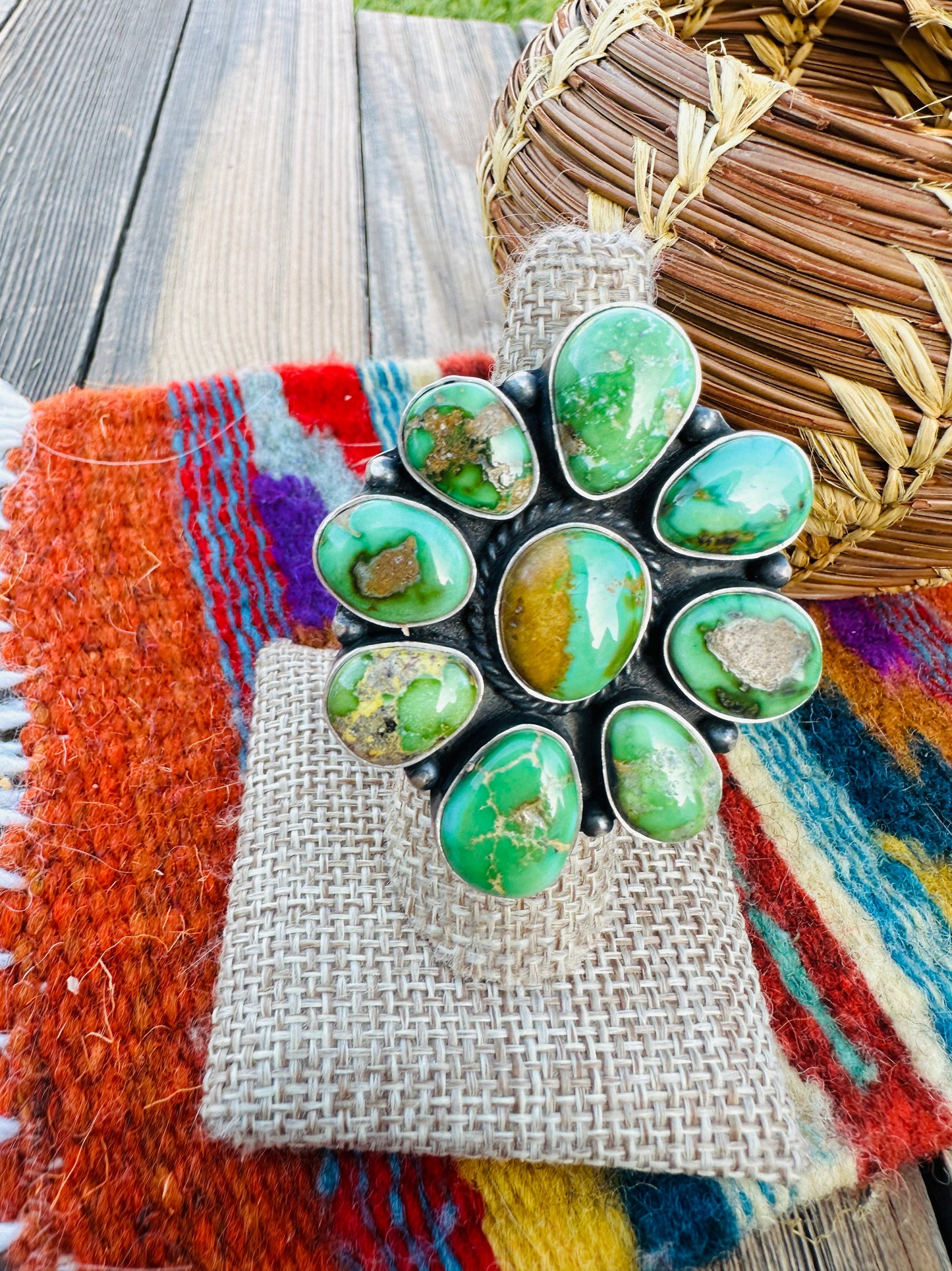 Handcrafted Sonoran Gold Turquoise & Sterling Silver Adjustable Cluster Ring by Elouise Richards