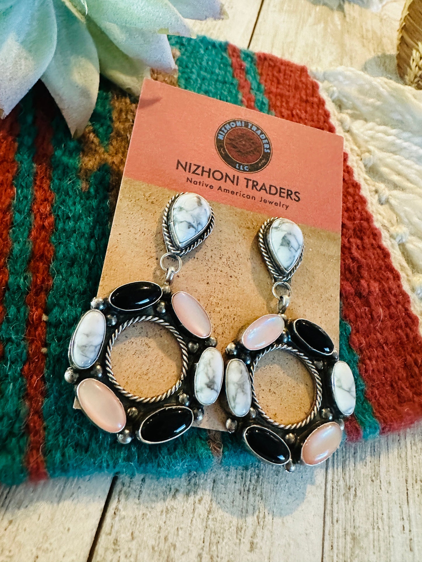 Handcrafted White Buffalo, Onyx, Mother of Pearl and Sterling Silver Dangle Earrings