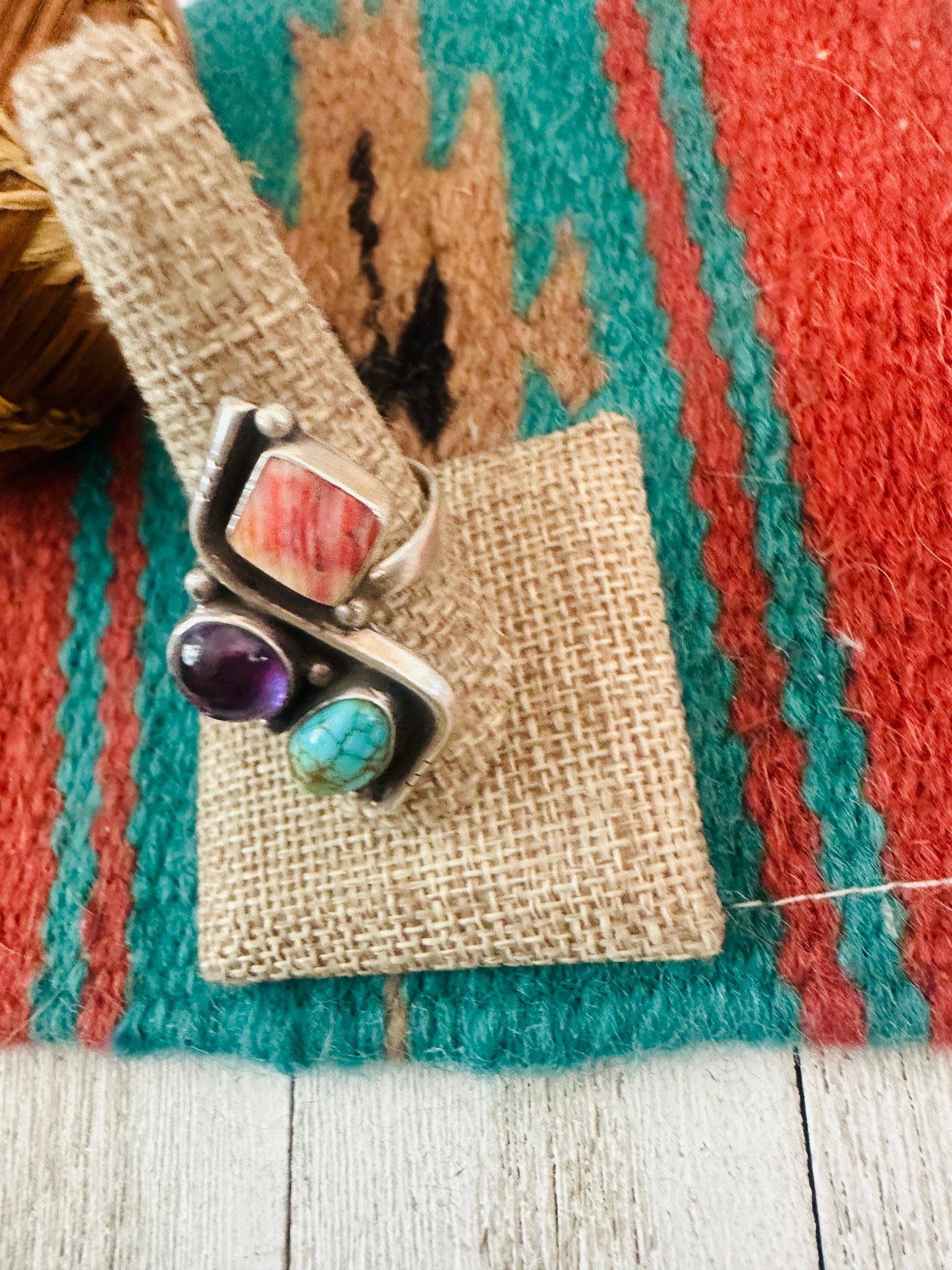 Handcrafted Old Pawn Sterling Silver, Turquoise, Spiny & Amethyst Adjustable Ring
