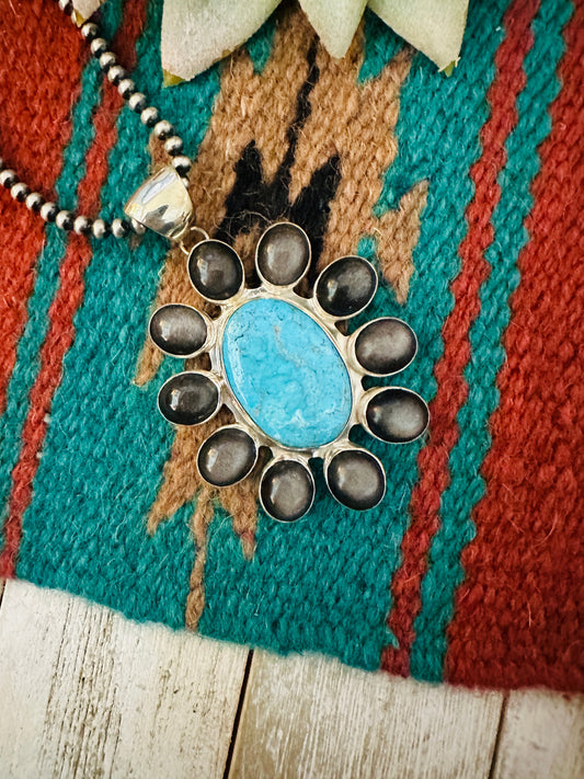 Handcrafted Black Abalone, Turquoise & Sterling Silver Cluster Pendant