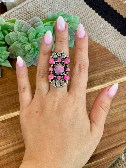 Handmade Pink Fire Opal, Opal, Cubic Zirconia And Sterling Silver Adjustable Ring Signed Nizhoni