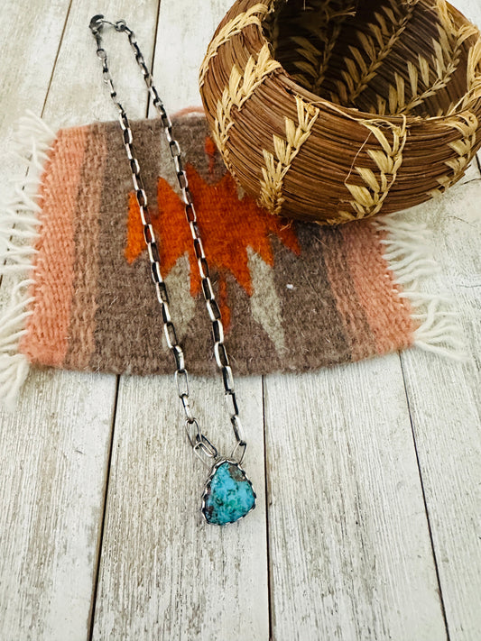 Handcrafted Turquoise & Sterling Silver Paper Clip Chain Necklace