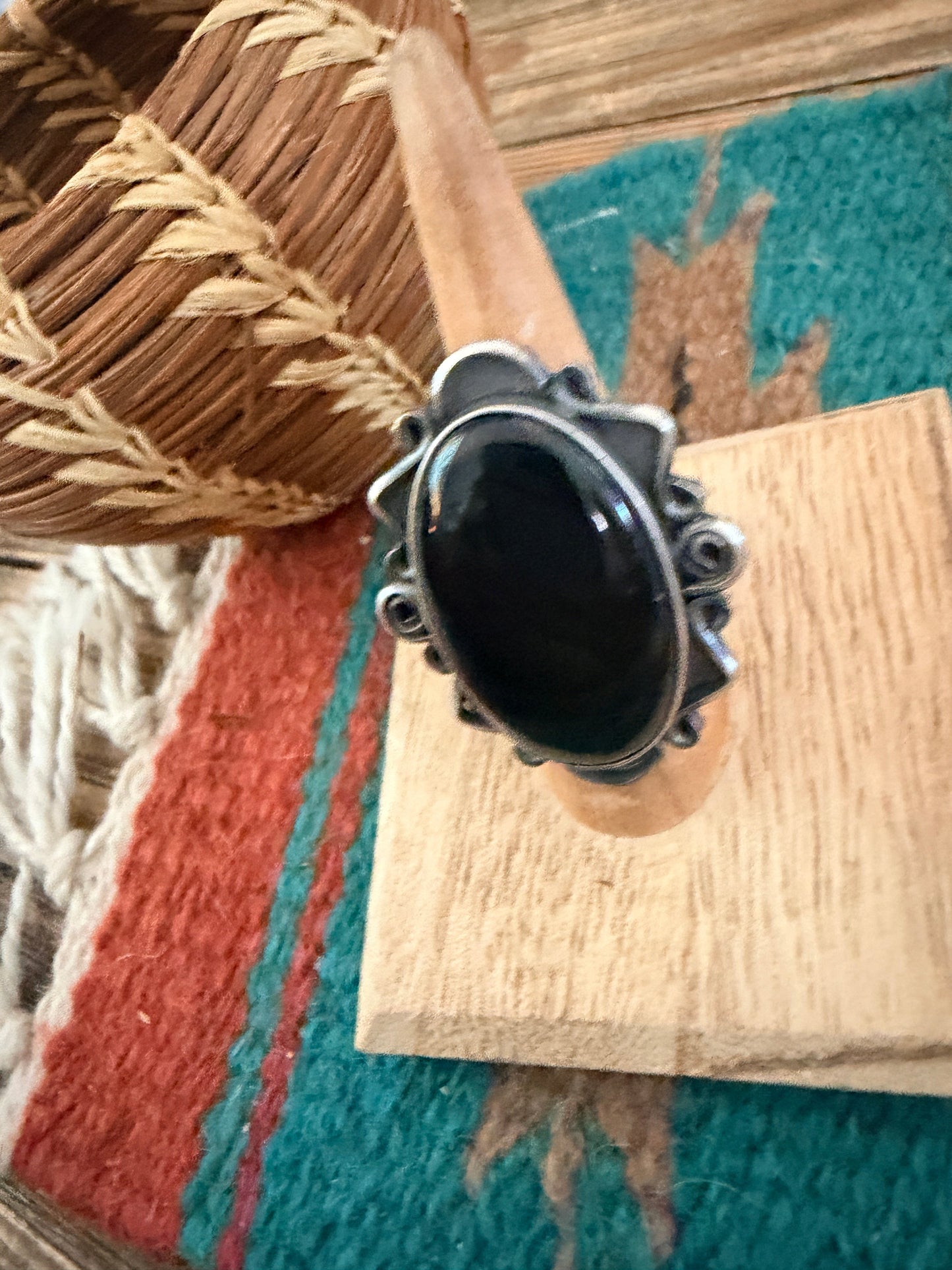 Handcrafted Black Onyx & Sterling Silver Ring Size 6.75