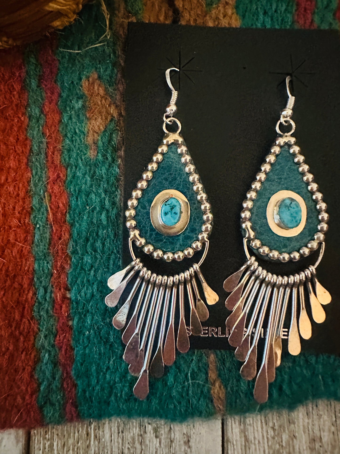 Handcrafted Turquoise & Sterling Silver Leather Chandelier Dangle Earrings