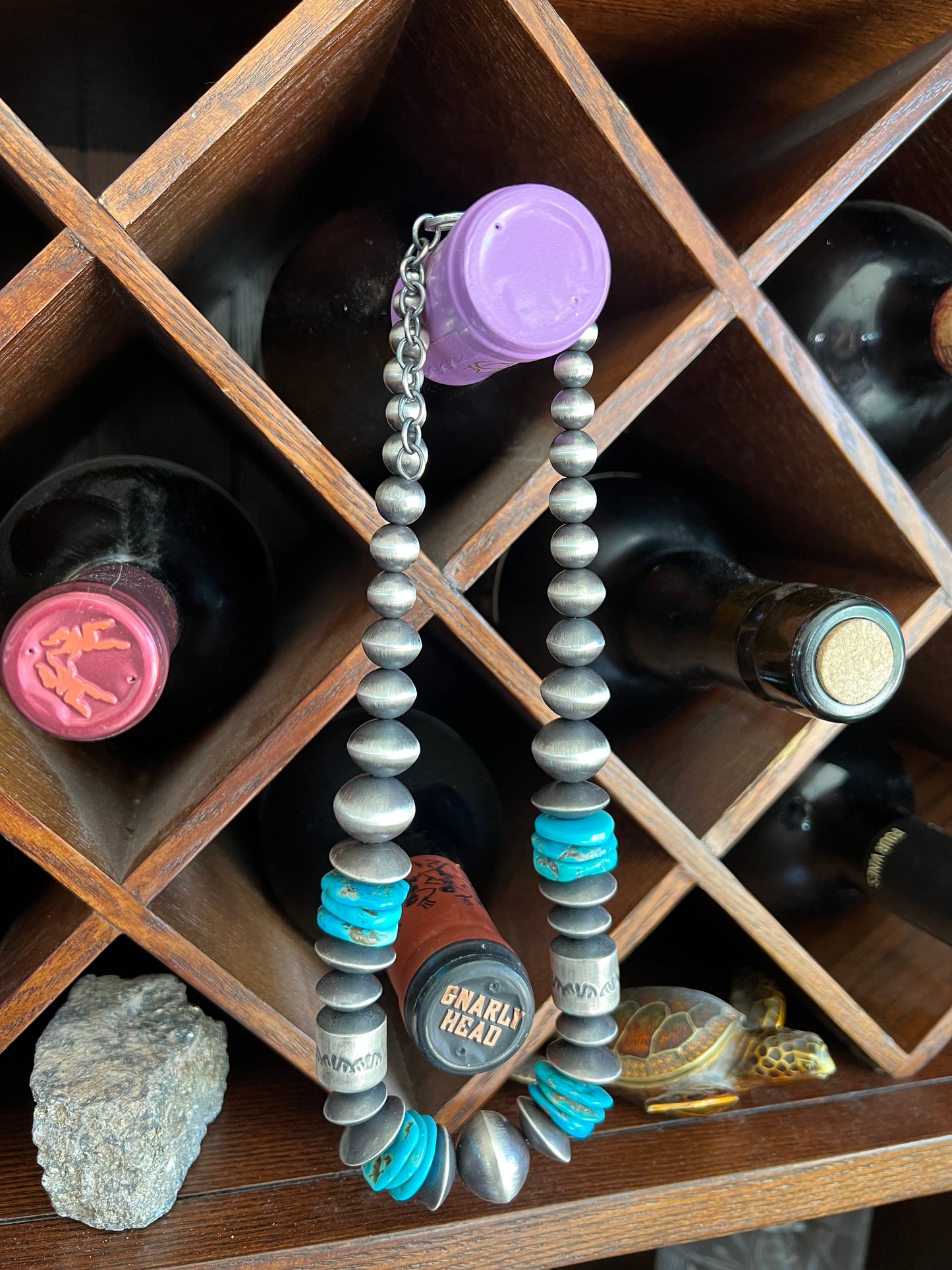Handcrafted Sterling Silver and Kingman Turquoise Beaded Necklace by Rose Martin, 18 Inches