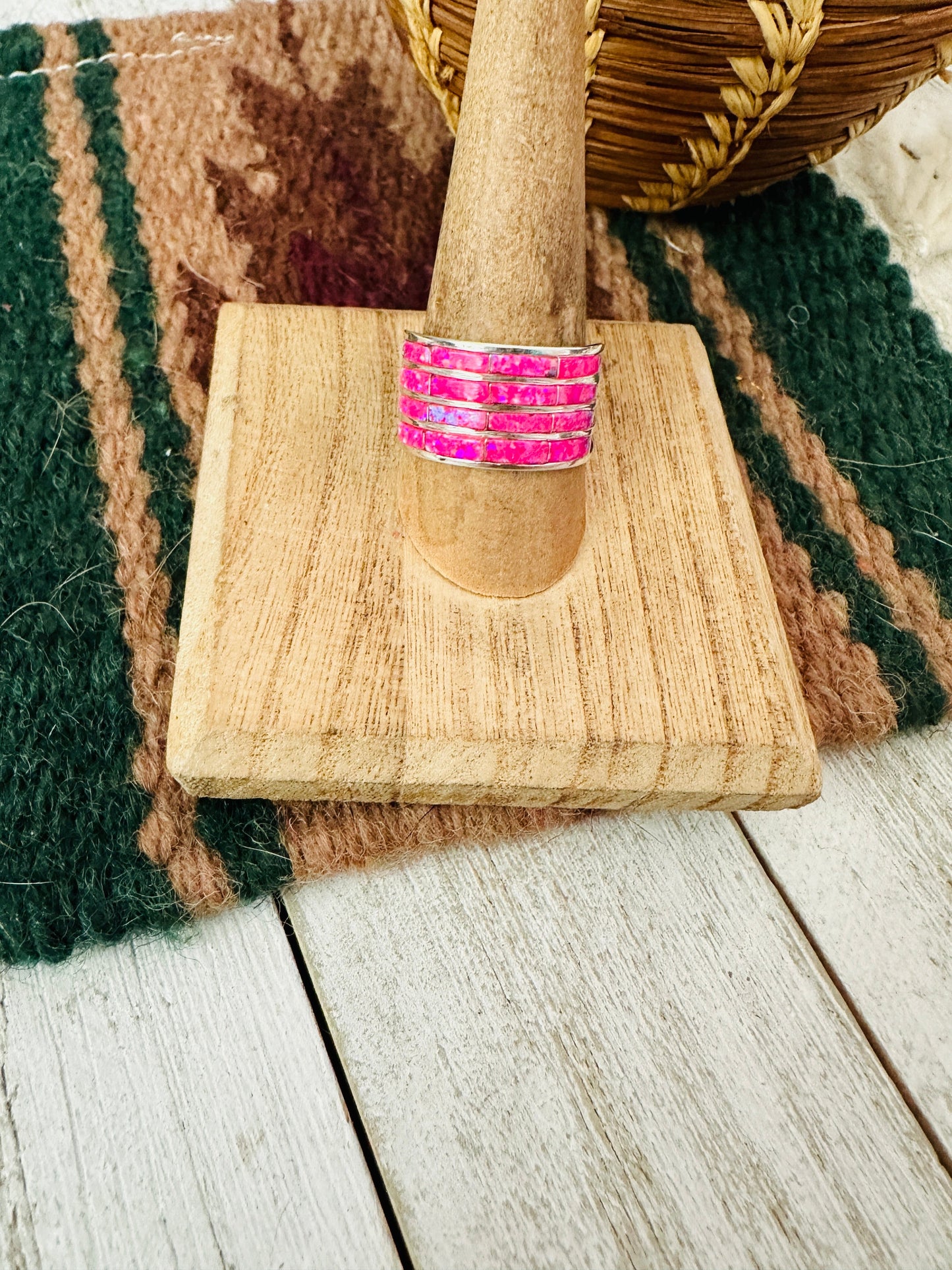 Handcrafted Sterling Silver & Pink Opal Inlay 4 Band Ring
