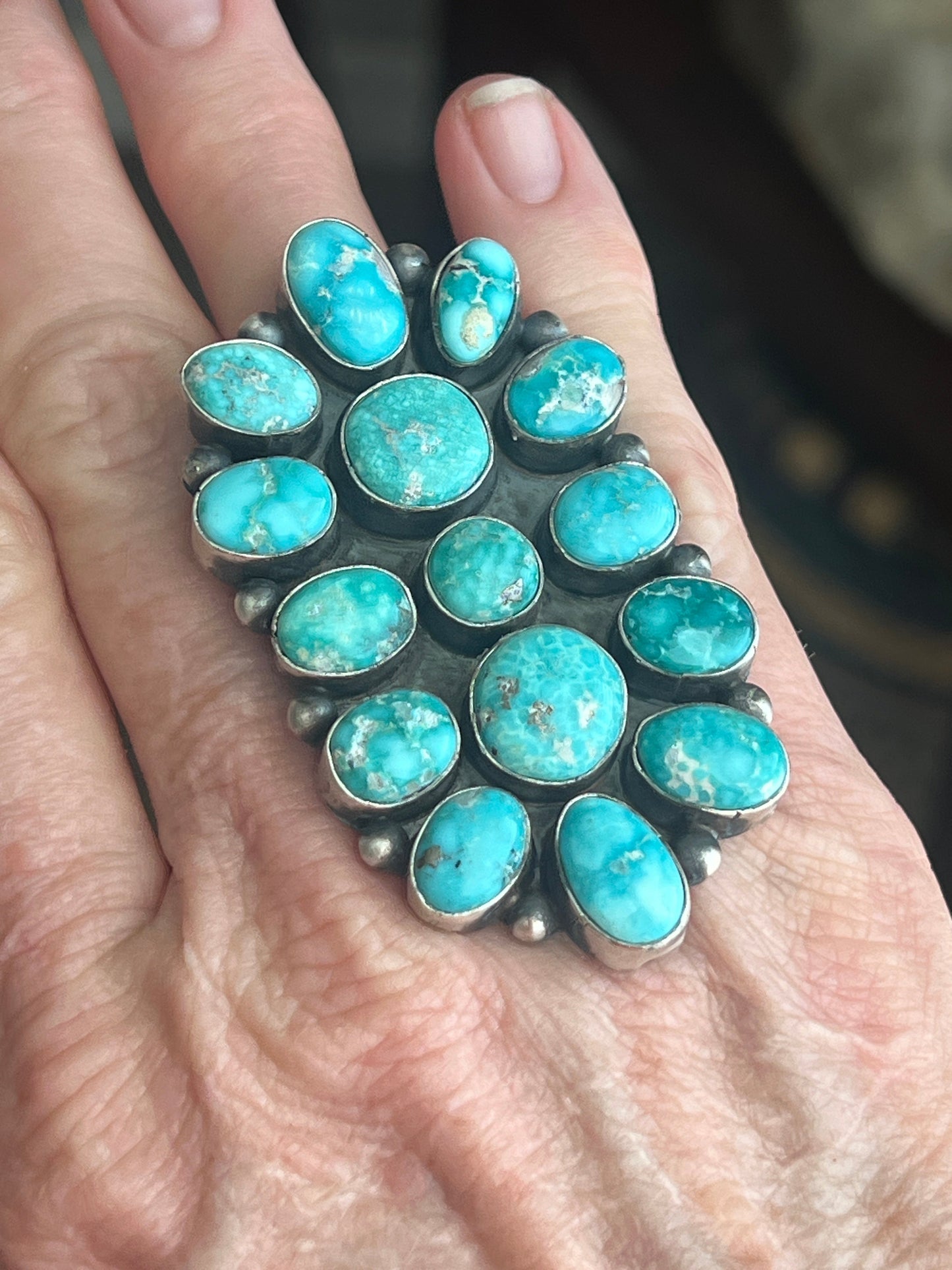 Handcrafted Paul Livingston Sterling Silver and Campitos Turquoise Cluster Ring, Size  7