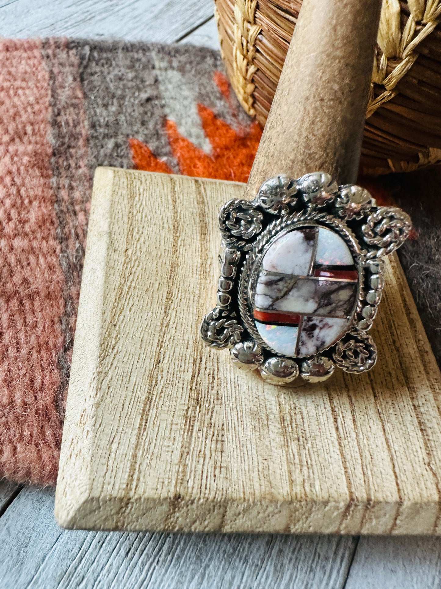 Handcrafted Sterling Silver & Multi Stone Inlay Ring Size 9.5