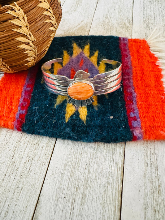 Handcrafted Orange Spiny & Sterling Silver Thunderbird Cuff Bracelet