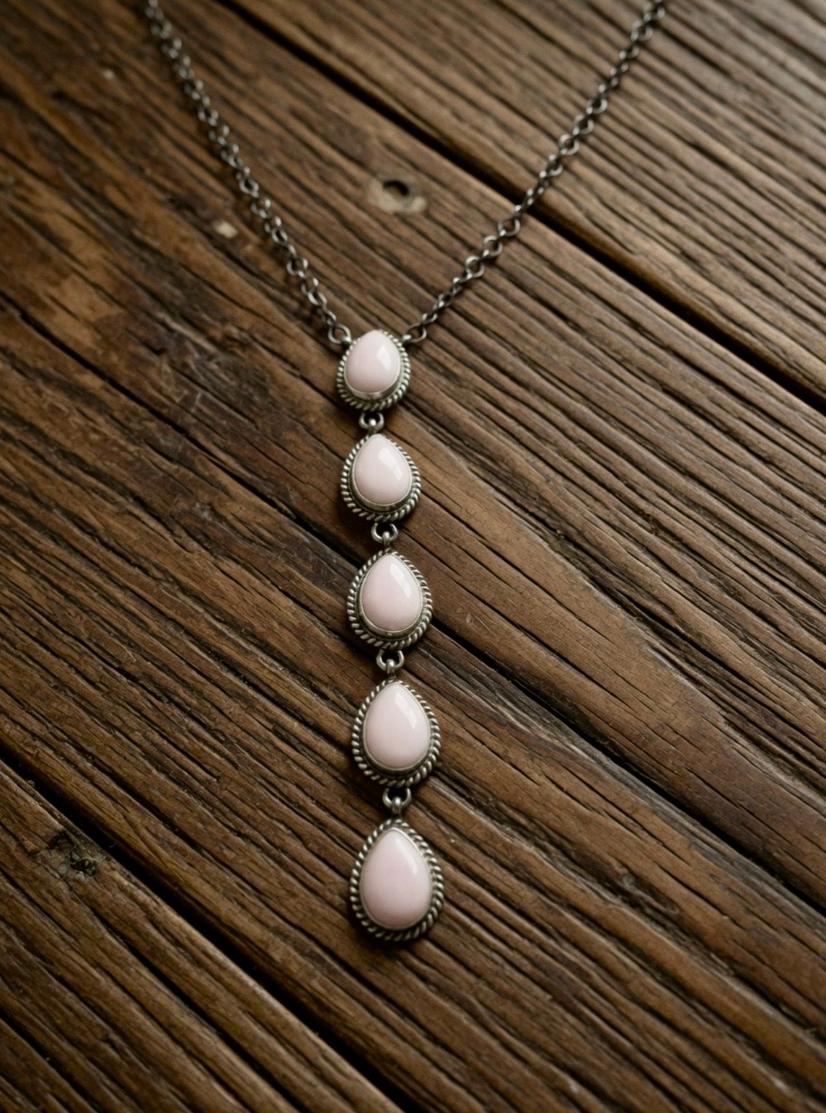 Handcrafted Queen Pink Conch & Sterling Silver 5 Teardrop Necklace