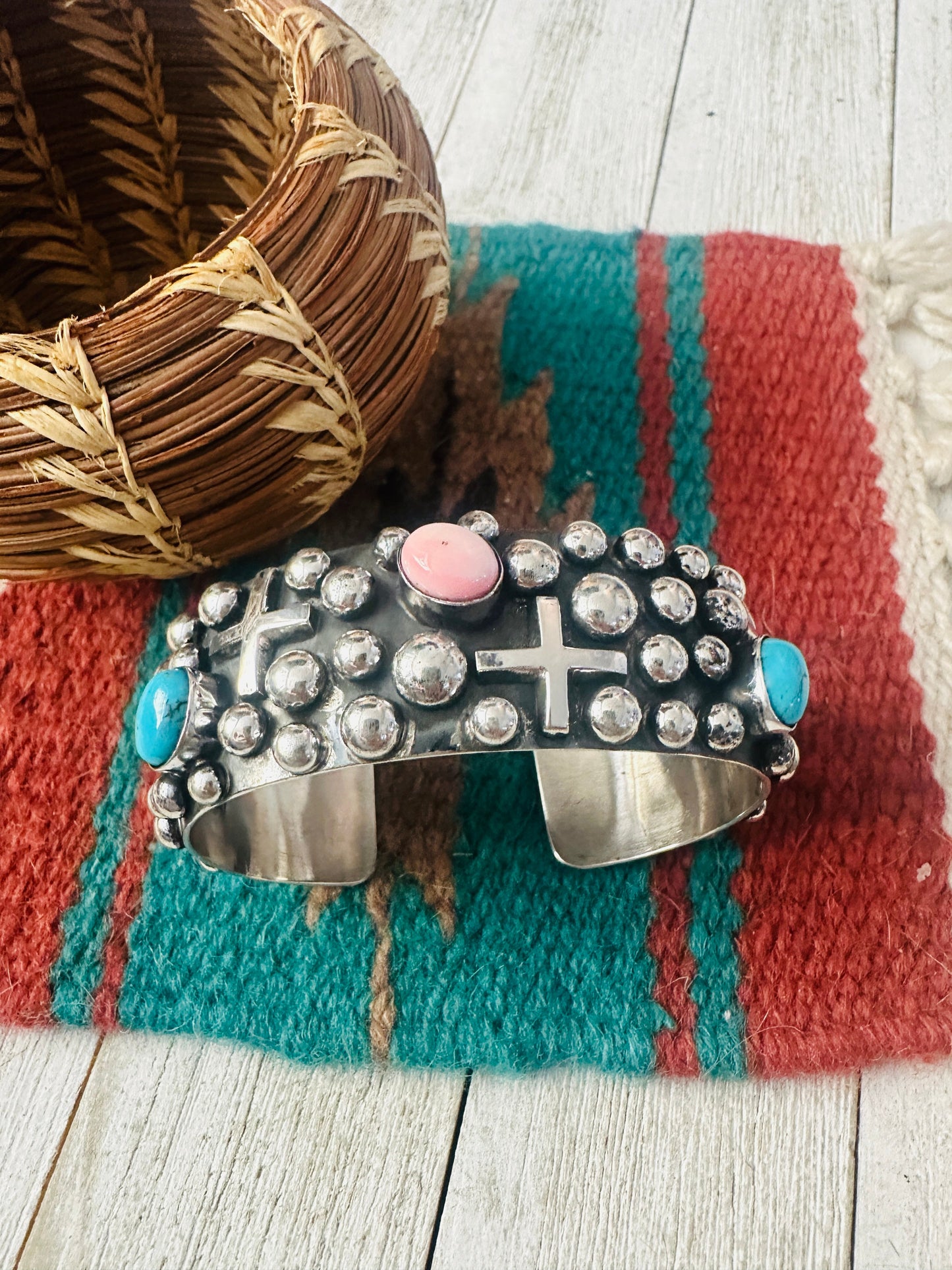 Navajo Turquoise, Queen Pink Conch & Sterling Silver Cross Cuff Bracelet By Chimney Butte