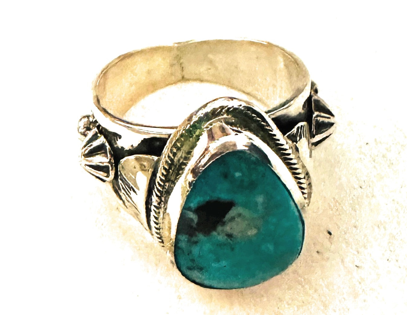 Handcrafted Sterling Silver & Turquoise Teardrop Cigar Band Ring Size 9