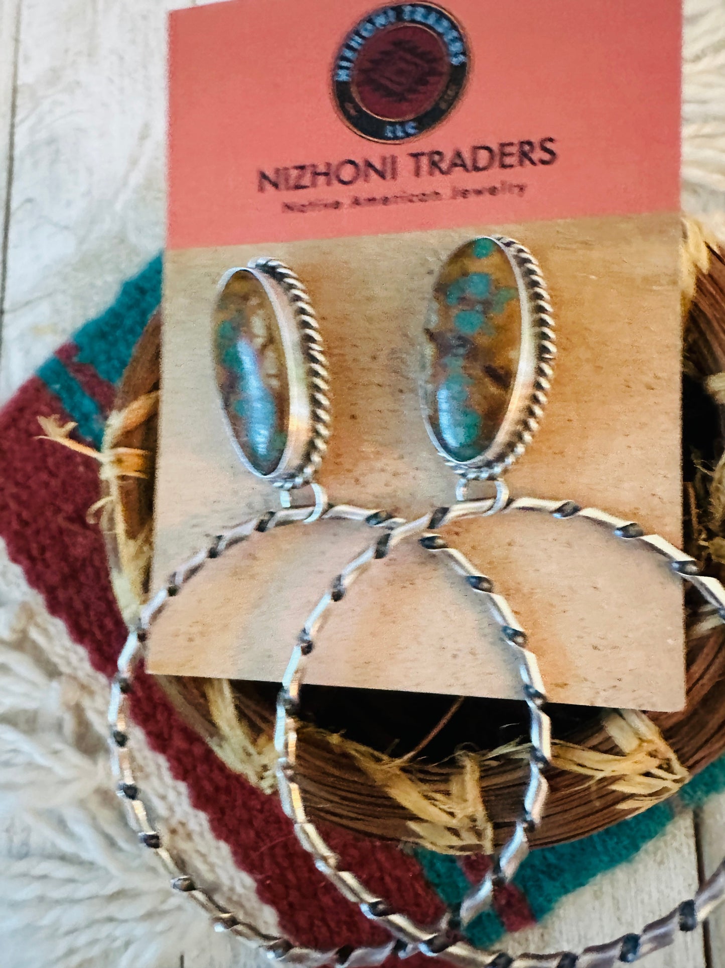 Handcrafted Ribbon Turquoise and Sterling Silver Dangle Hoop Earrings