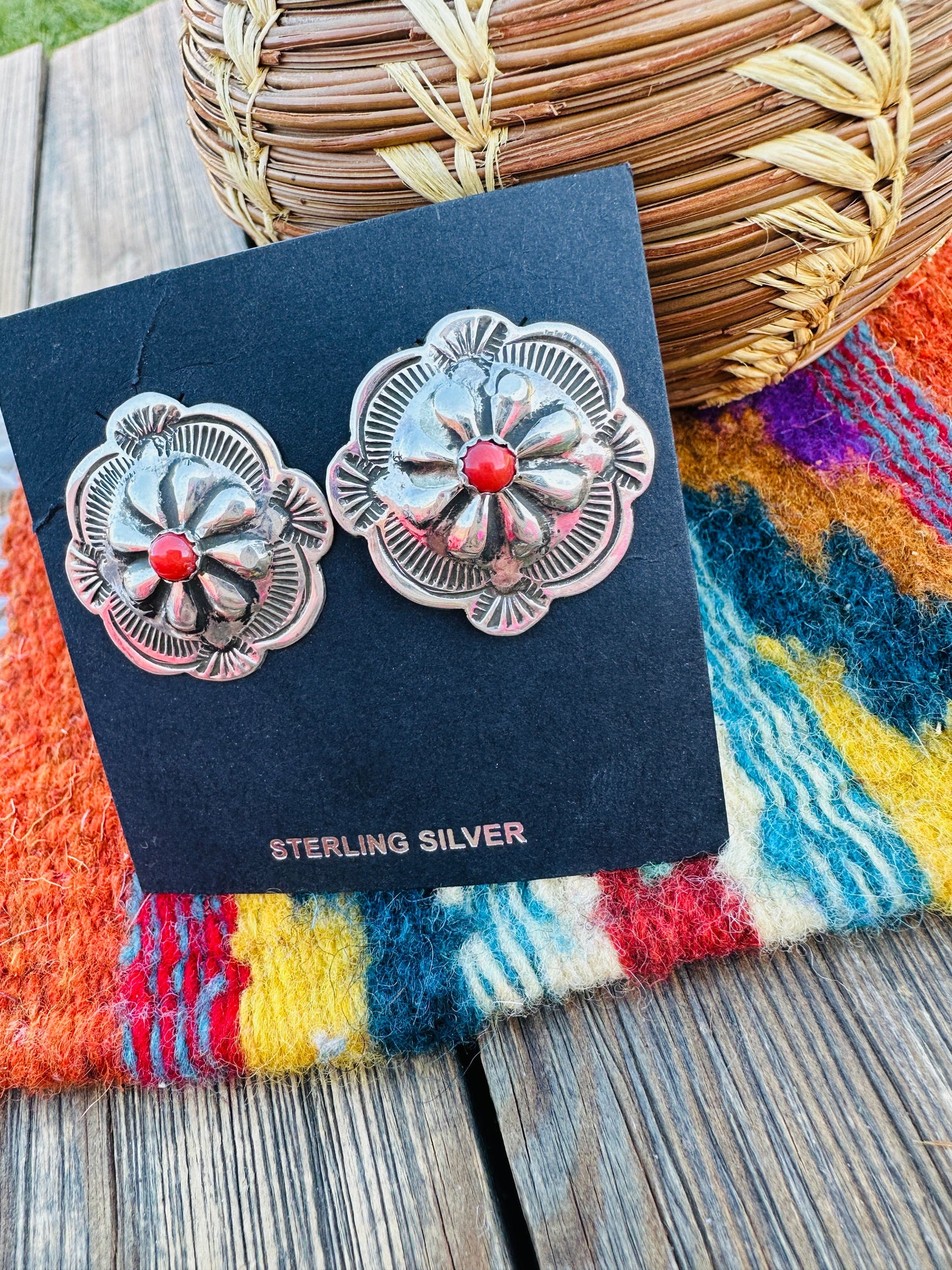 Handcrafted Coral & Sterling Silver Concho Post Earrings