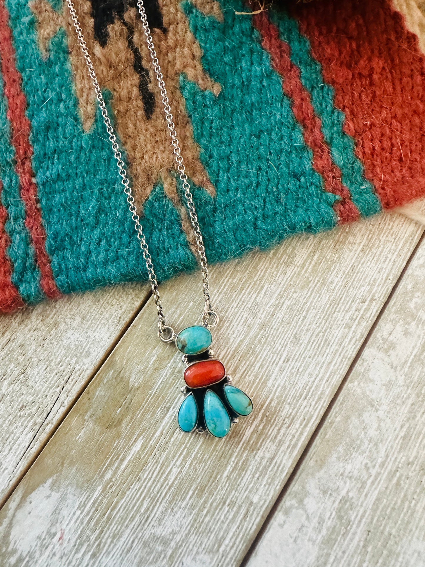 ** Christmas Collection ** Handmade Sterling Silver, Turquoise & Coral Necklace Signed Nizhoni