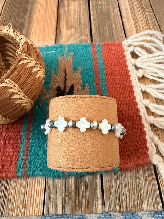 Handcrafted Mother of Pearl & Sterling Silver Pearl Cross Beaded Stretch Bracelet